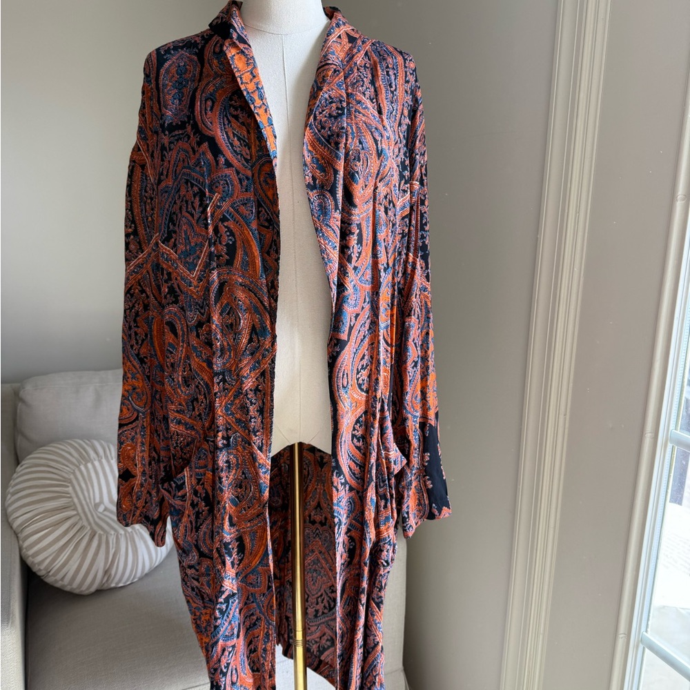 Free People Bohemian Paisley Open-Front Duster Coat - Orange & Navy